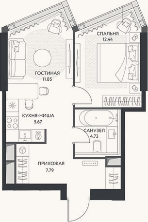Планировка: 2-к, 42,5 м²