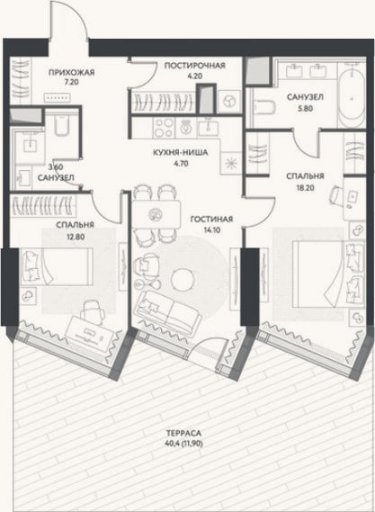 Планировка: 3-к, 70,6 м²