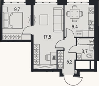 Планировка: 2-к, 45,5 м²