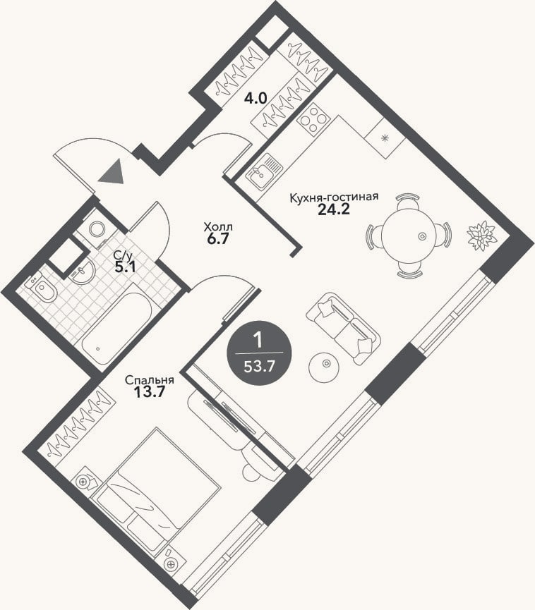 Планировка: 2-к, 53,7 м²