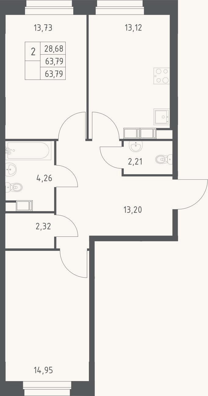 Планировка: 2-к, 63,8 м²