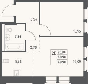 Планировка: 2-к, 40,9 м²