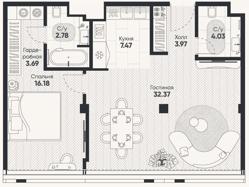 Планировка: 2-к, 72,1 м²