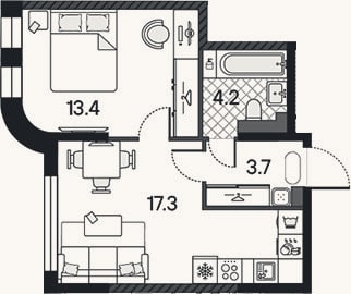 Планировка: 2-к, 38,6 м²