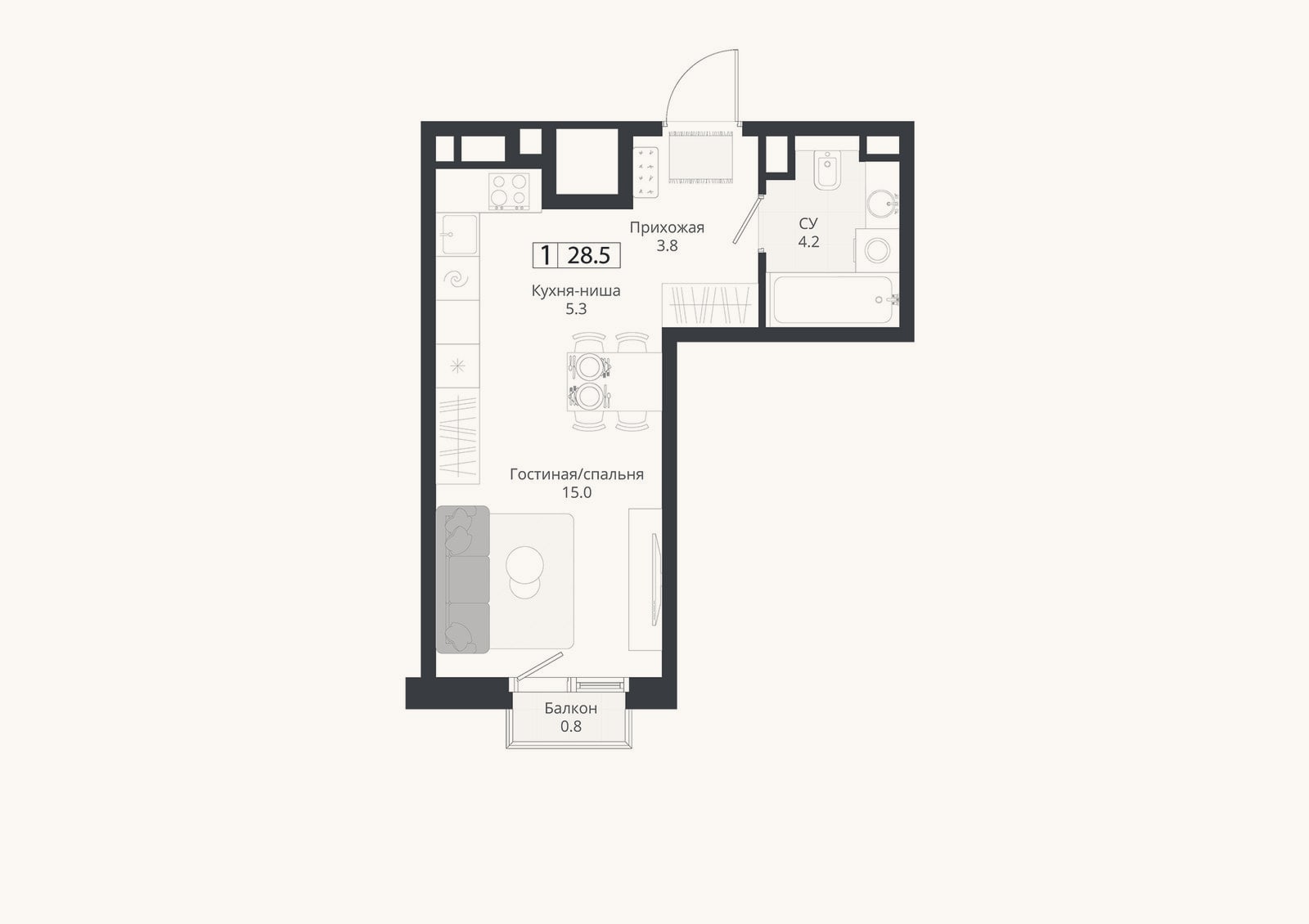 Планировка: Студия, 28,3 м²