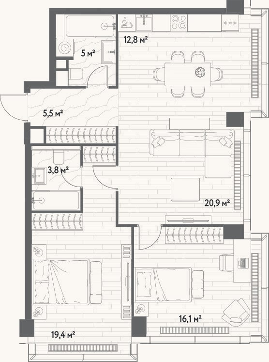 Планировка: 3-к, 83,5 м²