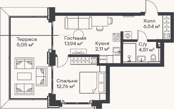 Планировка: 2-к, 39,9 м²