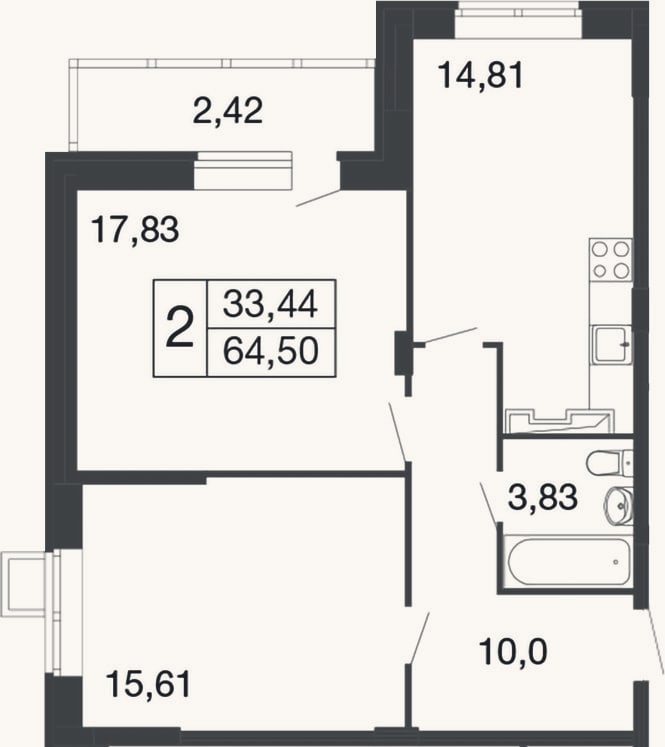 Планировка: 2-к, 62,1 м²