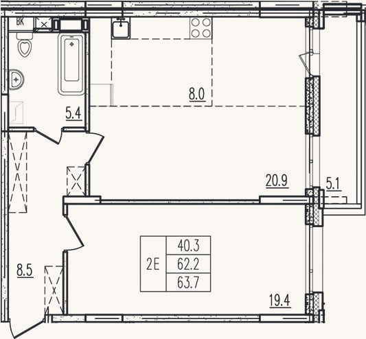 Планировка: 2-к, 62,1 м²