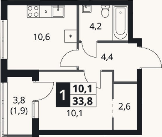 Планировка: 1-к, 31,9 м²