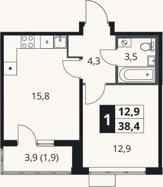 Планировка: 1-к, 36,5 м²