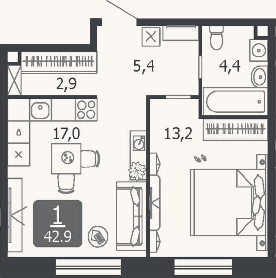 Планировка: 2-к, 42,9 м²