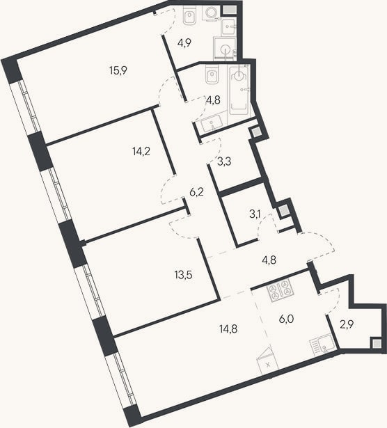 Планировка: 4+ к, 96,3 м²