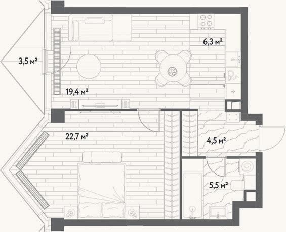 Планировка: 2-к, 58,4 м²