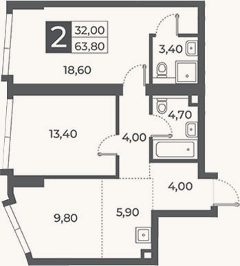 Планировка: 2-к, 63,8 м²