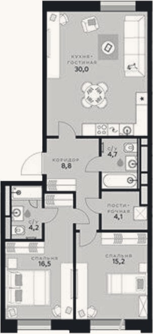 Планировка: 2-к, 83,5 м²
