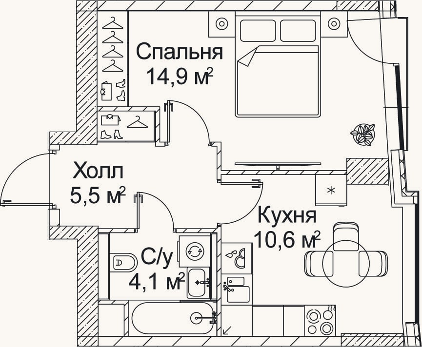 Планировка: 1-к, 35,2 м²