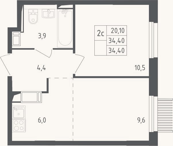 Планировка: 2-к, 34,4 м²