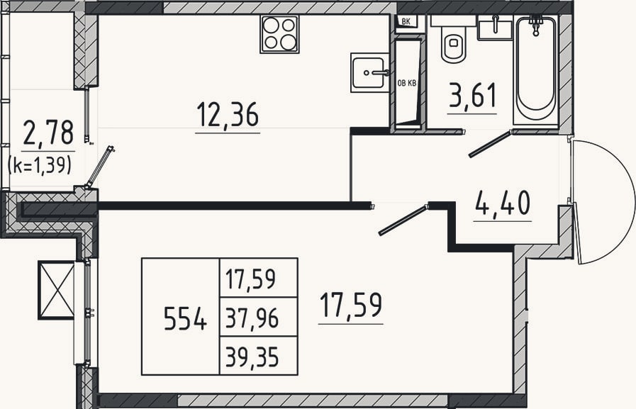 Планировка: 1-к, 38 м²