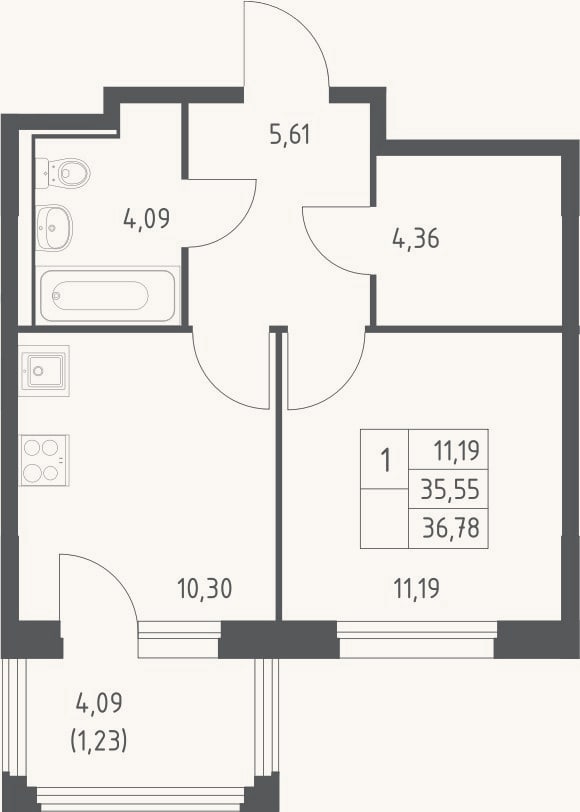 Планировка: 1-к, 35,6 м²