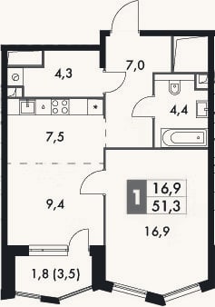Планировка: 2-к, 49,5 м²