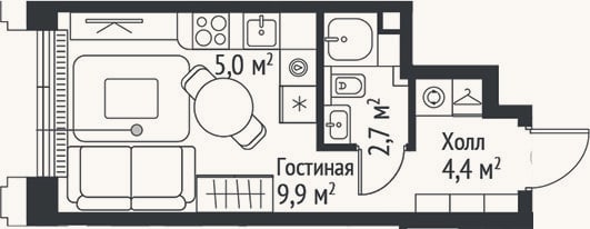 Планировка: Студия, 22 м²