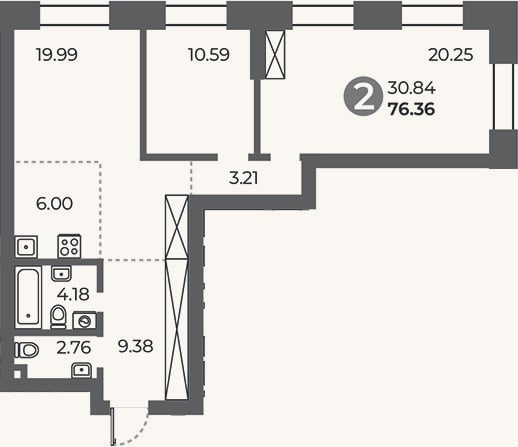Планировка: 2-к, 76,4 м²