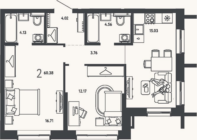 Планировка: 2-к, 60,4 м²