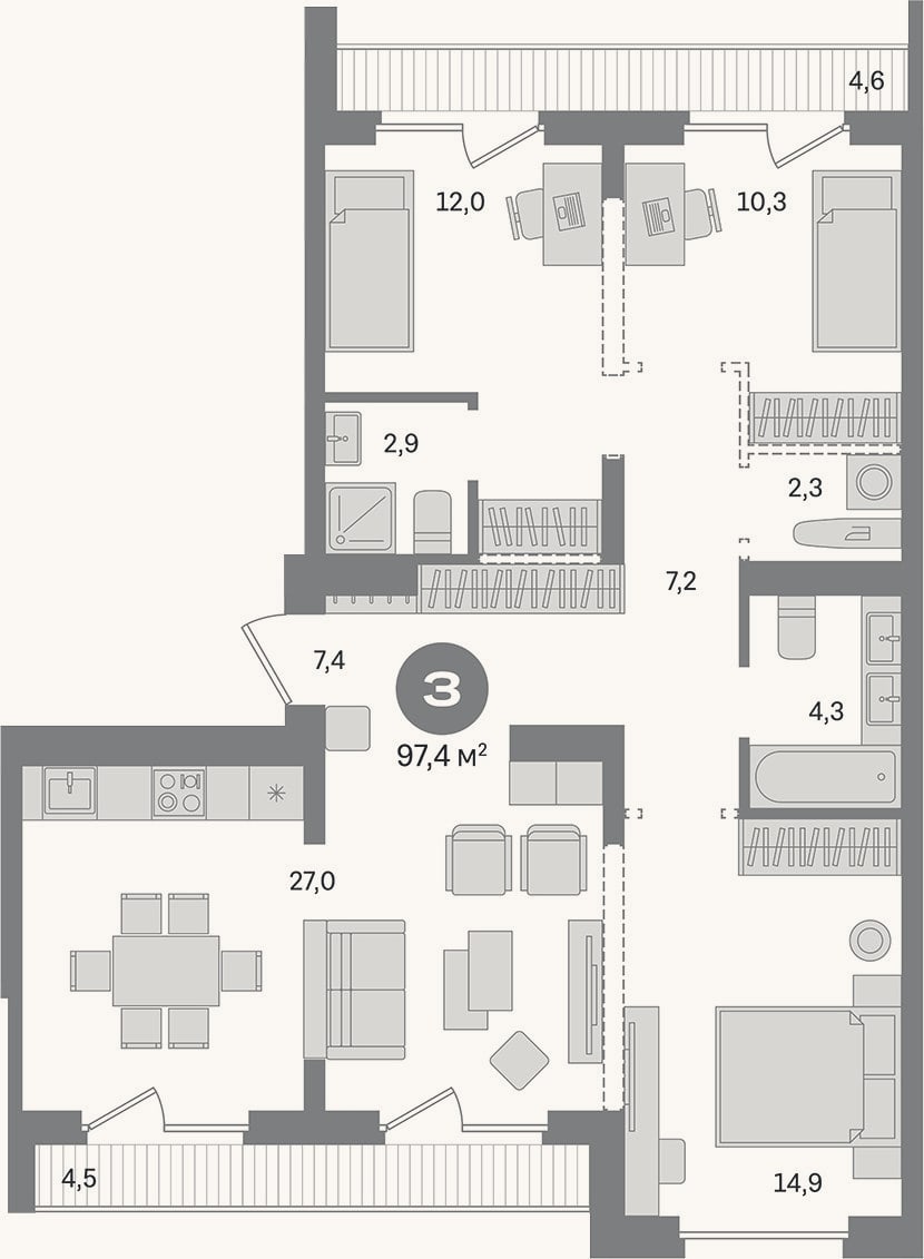 Планировка: 3-к, 88,3 м²
