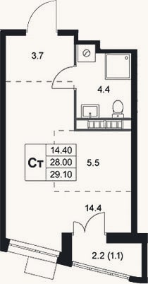 Планировка: Студия, 28 м²