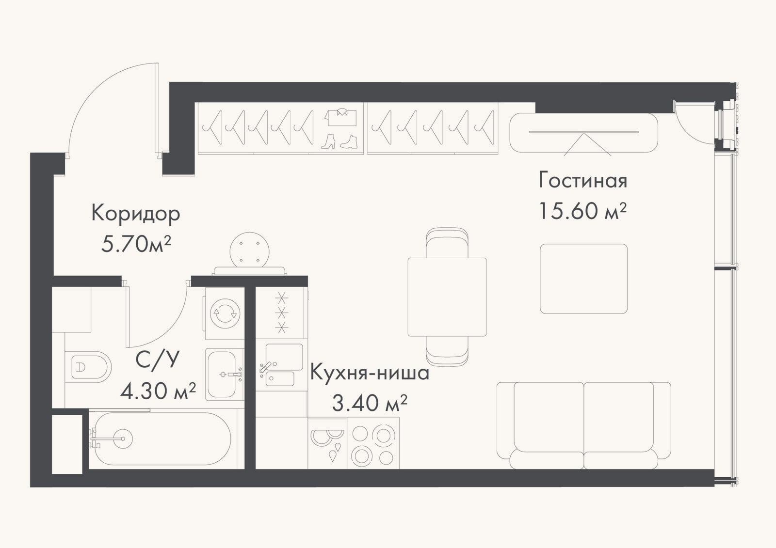 Планировка: Студия, 29 м²