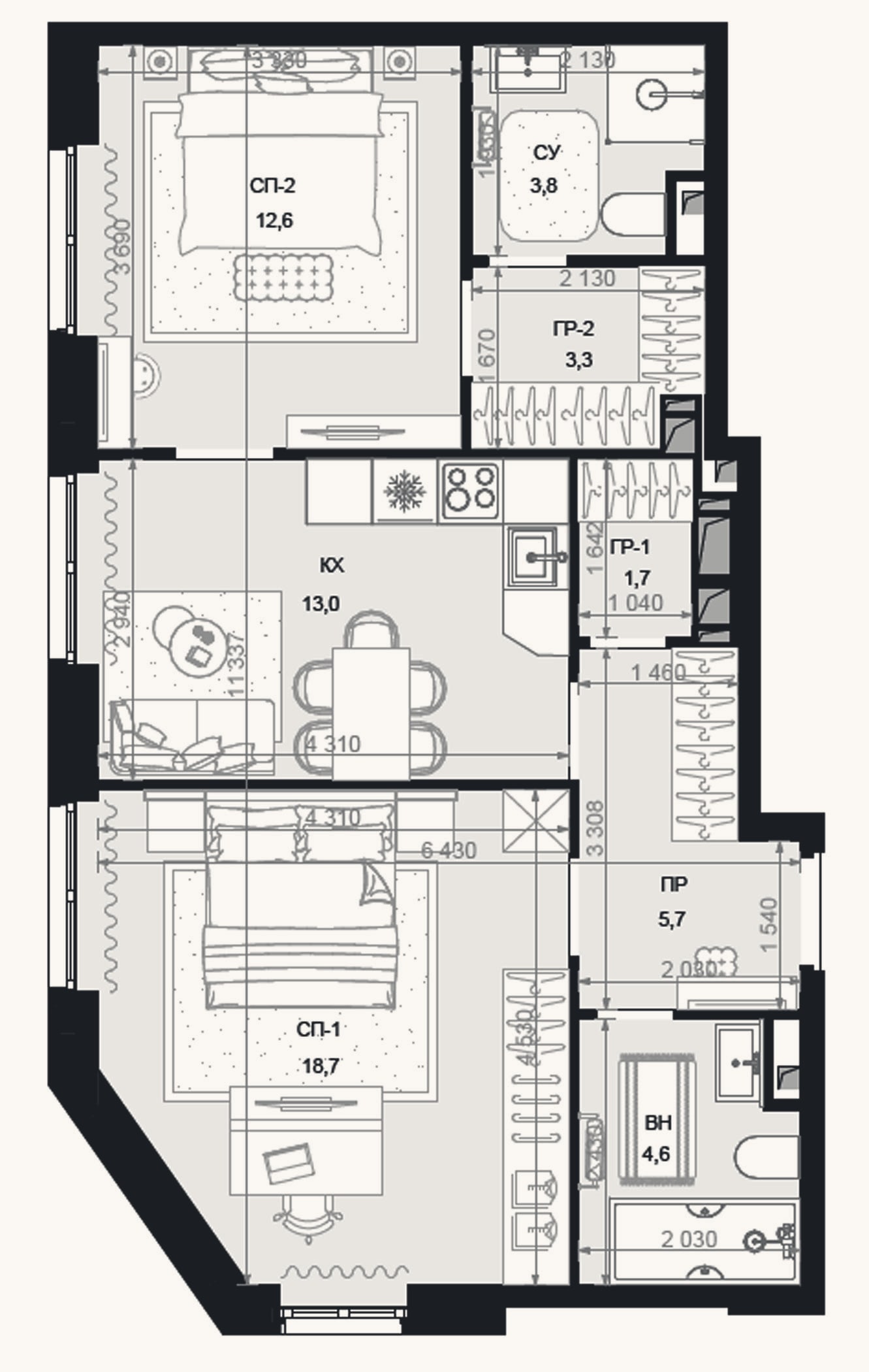 Планировка: 2-к, 63,4 м²