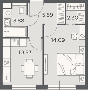 Планировка: 1-к, 36,4 м²