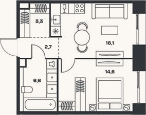 Планировка: 2-к, 43,3 м²