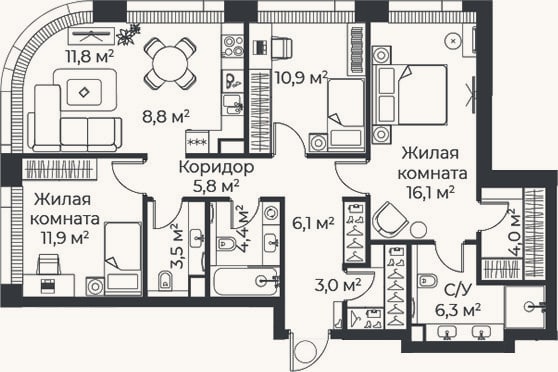 Планировка: 4+ к, 92,6 м²