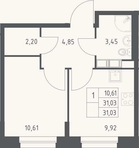 Планировка: 1-к, 31 м²