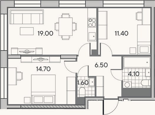 Планировка: 3-к, 57,3 м²