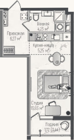 Планировка: Студия, 29,6 м²
