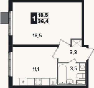 Планировка: 1-к, 36,4 м²