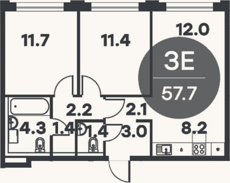 Планировка: 3-к, 57,7 м²