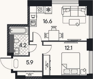 Планировка: 2-к, 38,8 м²