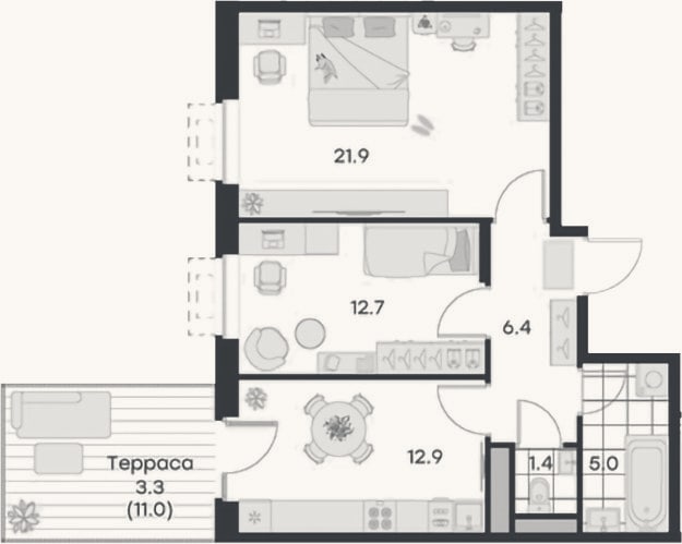 Планировка: 2-к, 60,3 м²