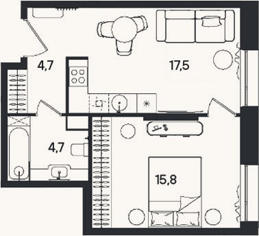 Планировка: 2-к, 42,7 м²