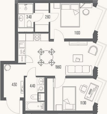 Планировка: 2-к, 56,5 м²