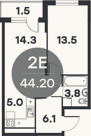 Планировка: 2-к, 42,7 м²