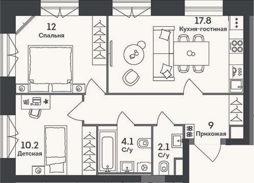 Планировка: 3-к, 55,2 м²