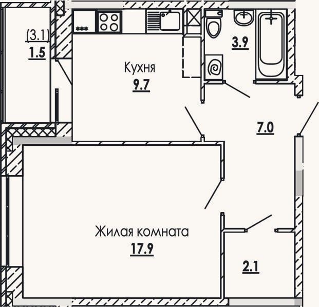 Планировка: 1-к, 40,6 м²