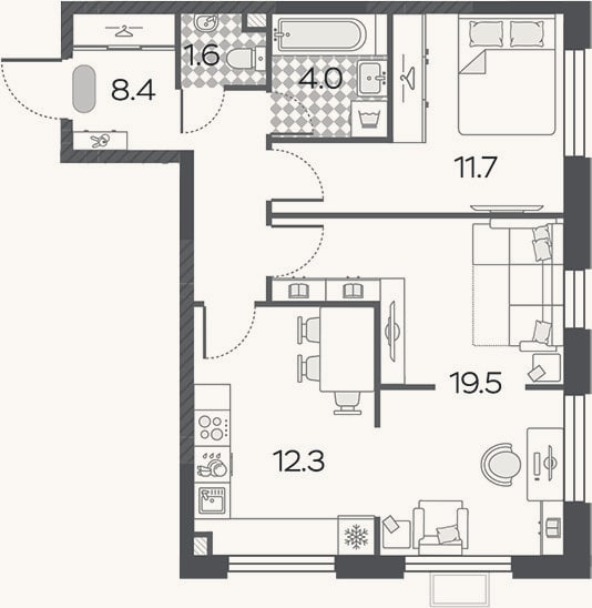 Планировка: 2-к, 57,5 м²
