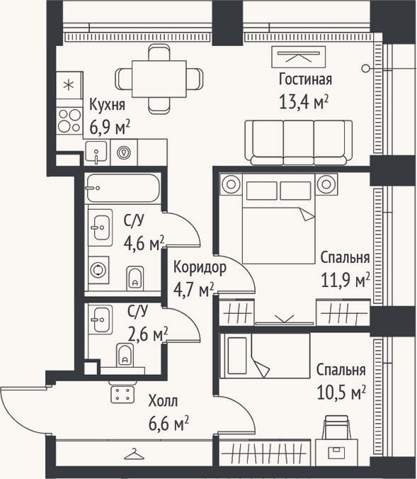 Планировка: 3-к, 61,2 м²
