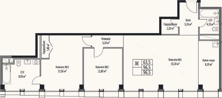 Планировка: 3-к, 96,5 м²